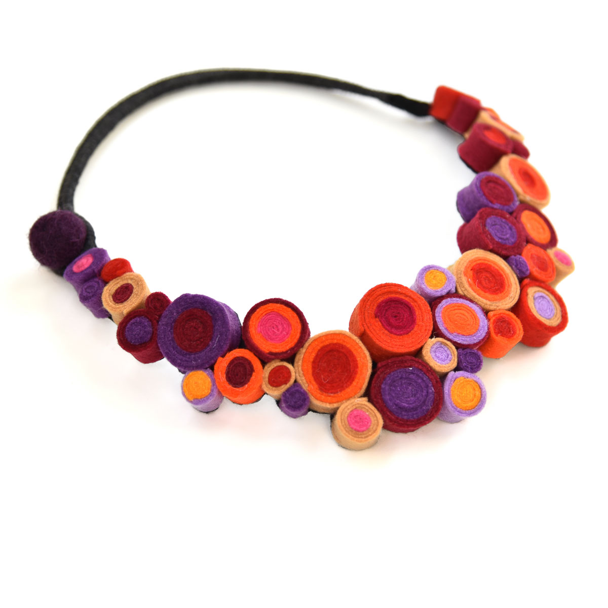 Blooming jewelry includes statement collar necklaces inspired by colorful flower gardens. The jewelry is made with felt beads and looks like a blooming garden. Designed and made by Katerina Glinou.