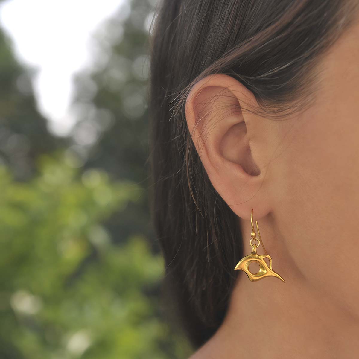 "Bird of Paradise" gold plated silver earrings. Design and handmade for Bead A Boo jewelry by Katerina Glinou.