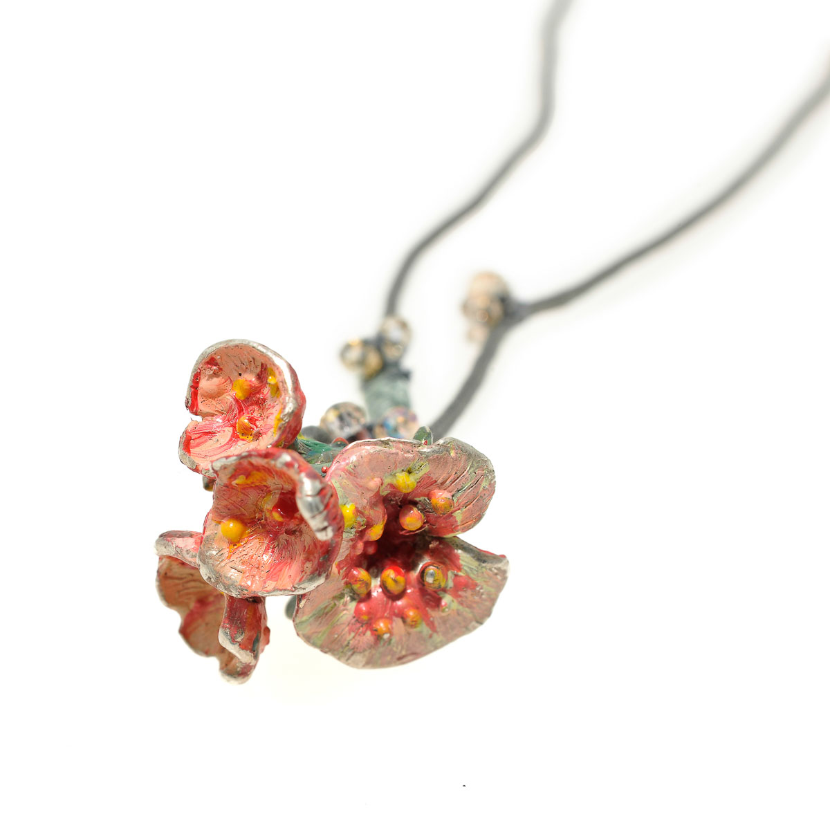 Flower bouquet necklace in sterling silver, colored with enamel paint. Design Katerina Glinou, Bead A Boo jewelry