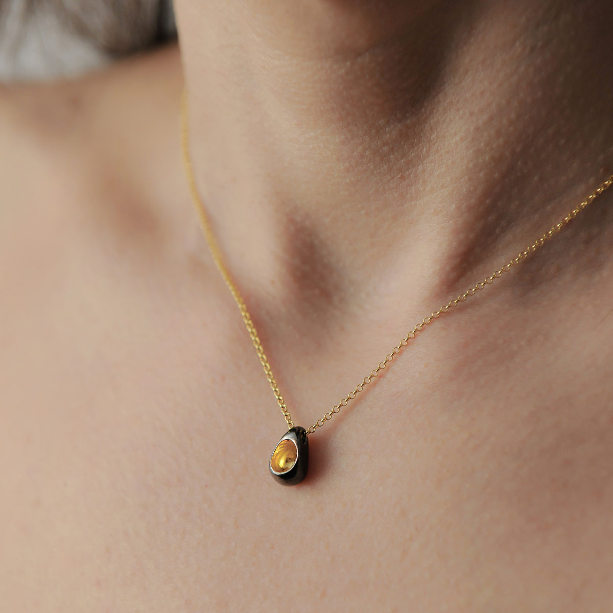 "Seeds and Pits" necklace in gold plated silver. Design and handmade for Bead A Boo jewelry by Katerina Glinou.