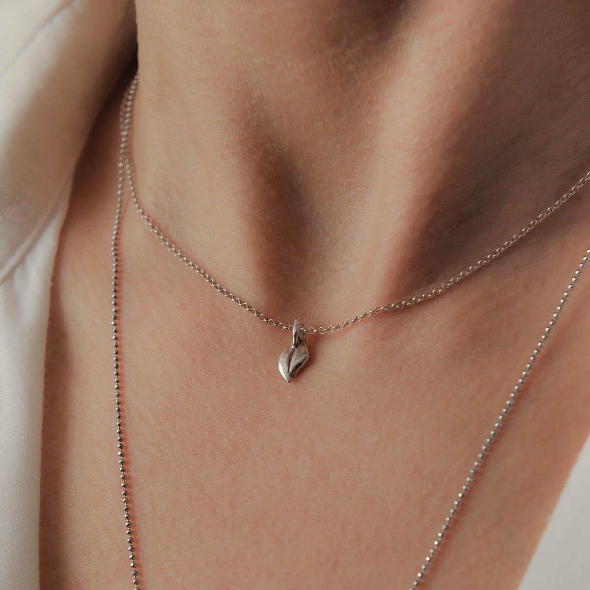 Tiny leaf necklace, sterling silver. Design and handmade for Bead A Boo jewelry by Katerina Glinou.